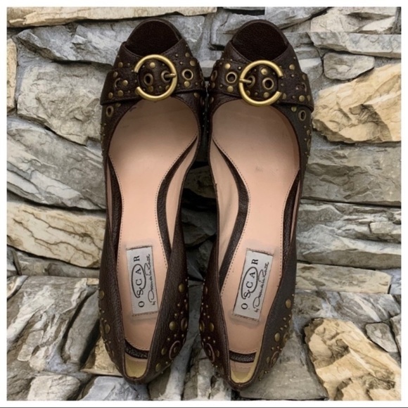 #10 Oscar de la Renta Tulah Bronze Grommet Rivet Stud Peep Toe Shoe Wedges Heels - Picture 3 of 10